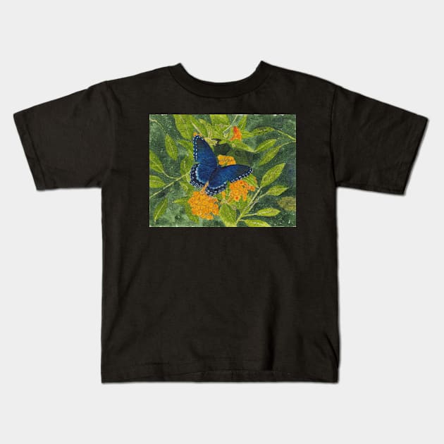 Blue Butterfly Watercolor and Ink Batik Kids T-Shirt by ConniSchaf